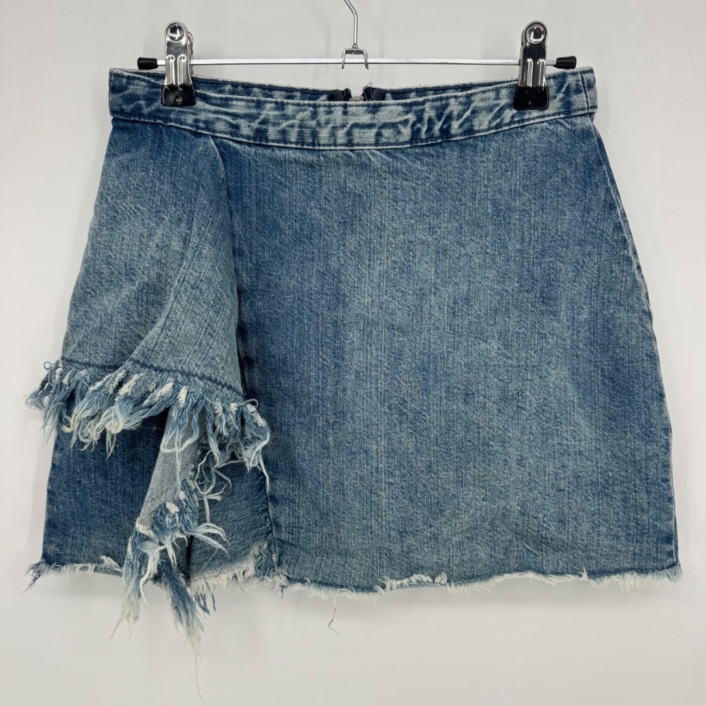 ZARA Asymmetrical Denim Skirt Distressed Frayed Hem‎ Wrap Style